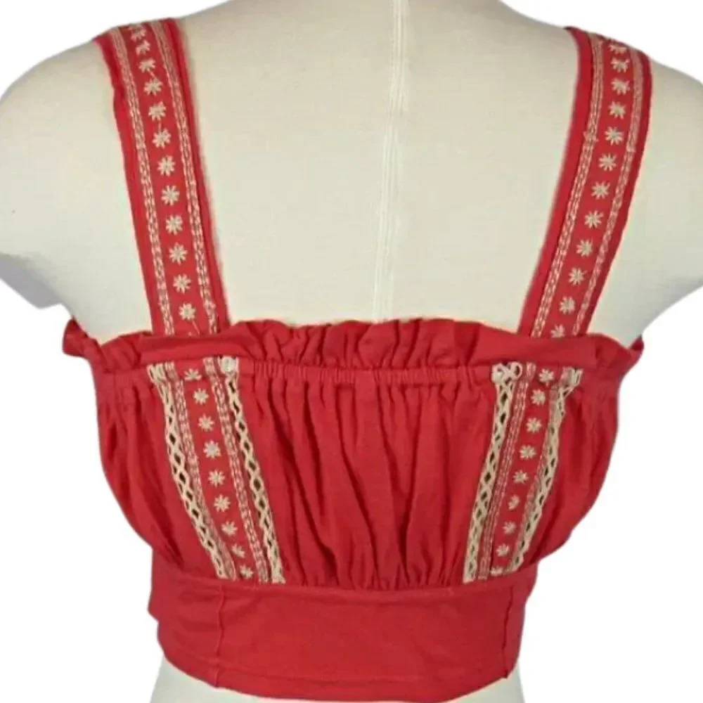 Top Cropped Camisole Square Neck Wide Embroidered Straps & Bodice Red Size XS
